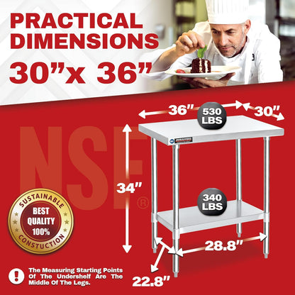 DuraSteel 30x36 Stainless Steel Work Table - NSF Commercial Prep Metal Table - Outdoor Pizza Oven Stand w/Under Shelf - Kitchen Island Laundry Utility Garage Microwave Stand Large Rolling Storage Cart