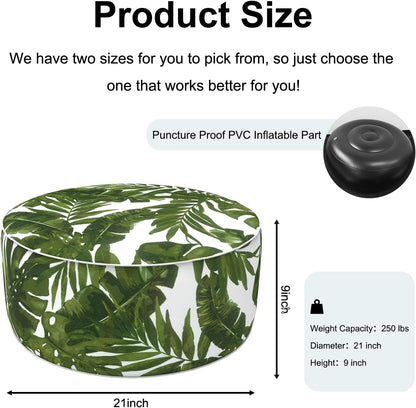 Inflatable Ottoman Stool D21 xH9 for Outdoor/Indoor Use, Water Repellent Patio Foot Rest Stool with Portable Handle,Round Pouf Ottoman Suitable for Garden,Deck and Camping - Palm Green