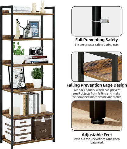 NUMENN Bookshelf, 6 Tier Bookshelves, Home Office Bookcase Shelf Storage Organizer, Free Standing Storage Shelving Unit for Bedroom, Living Room and Home Office, Vintage