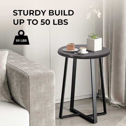 Round End Table, Small Side Table Grey Color MDF Top, Metal Frame Black, Tall End Side Table for Bed Room, Coffee Tea End Table for Living Room(Round Grey)