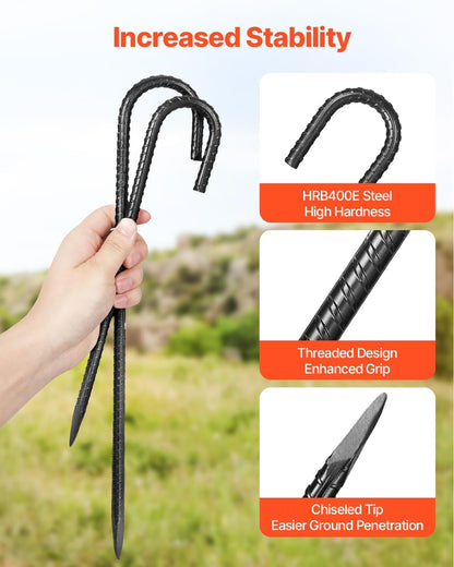 VEVOR Rebar Stakes, 12-Inch, Heavy-Duty 0.4 in Diameter J Hook, Galvanized Steel Ground Anchors with Chisel Point End & Rust-Resistant Coating, for Gardening Support, Fence, Camping Tents (16-Pack)