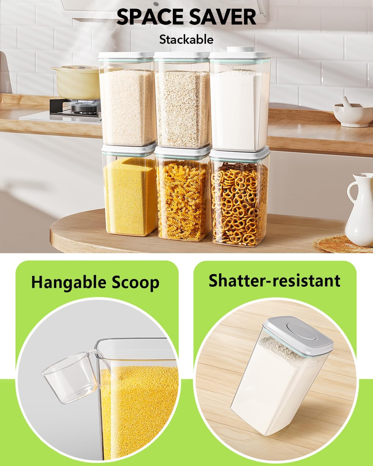 Ankou Airtight Food Storage Container with Pop Lid & 130ml Scoop, 4L/4.2qt *2 BPA-Free Cereal, Rice, Flour, Pasta & Snack Container, Stackable & Durable,Kitchen Pantry Organizer