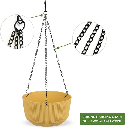 Dexceder 11.2 Inch Self Watering Hanging Planters Indoor Outdoor, Thickened Hanging Basket Flower Plant Pot (2 Pack, Yellow)