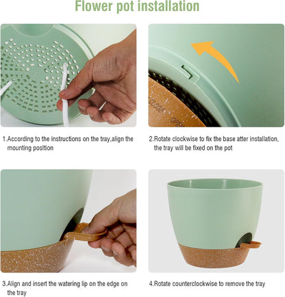 10/9/8 inch Self Watering Pots, Planter, Plant Pots with Mesh Drainage Holes for Indoor Outdoor Garden Plants, Plastic Flower Pots with Deep Reservoir for House Plants, Green with Brown