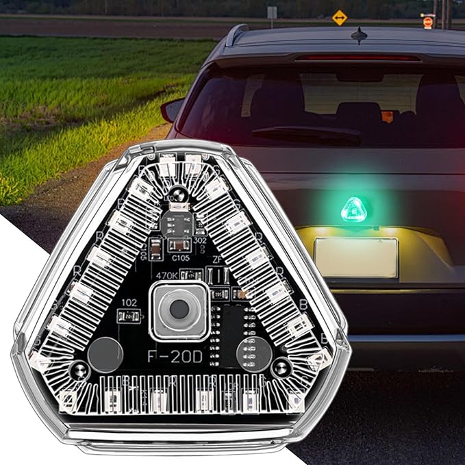 Hazard Caution Lights - Solar Powered Triangle Beacon, Rechargeable Flashing Lamp, Bright Waterproof Alert Flasher | Wireless Signal Lighting for Auto Trailer Bike Aircraft Outdoor Visibilit