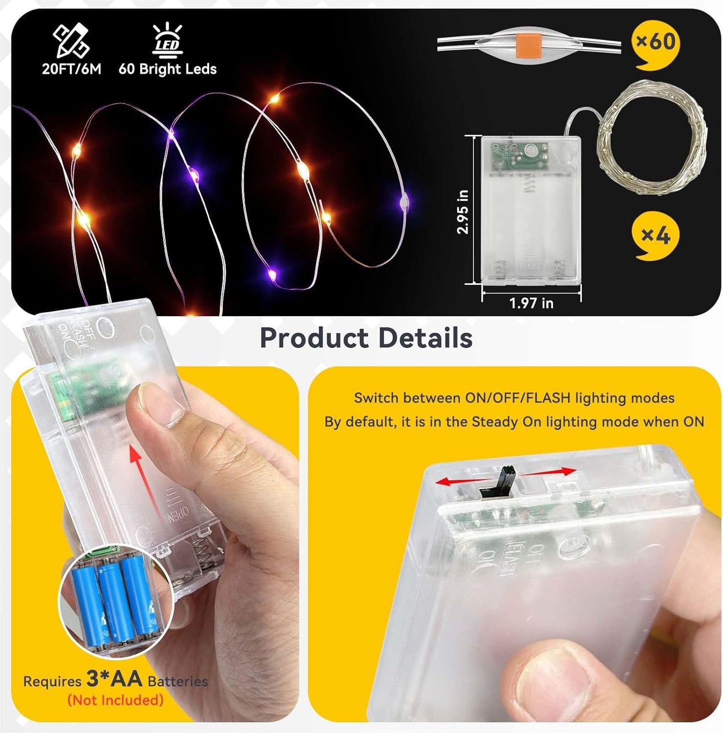 4 Pack 60LED Halloween Fairy Lights Battery Operated - 20FT Twinkle Lights with 2 Lighting Modes Indoor, Waterproof Led Fairy String Lights for Christmas, Bedroom, Dorm, DIY Decor, Purple & Orange