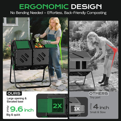Compost Tumbler 45 Gallon/170L, Easy-Assemble Dual Chamber Compost Bin Outdoor, 360°Rotating Large Composter for Outside, Backyard, Garden, Gifts for Seasoned Gardeners & Beginners-Green