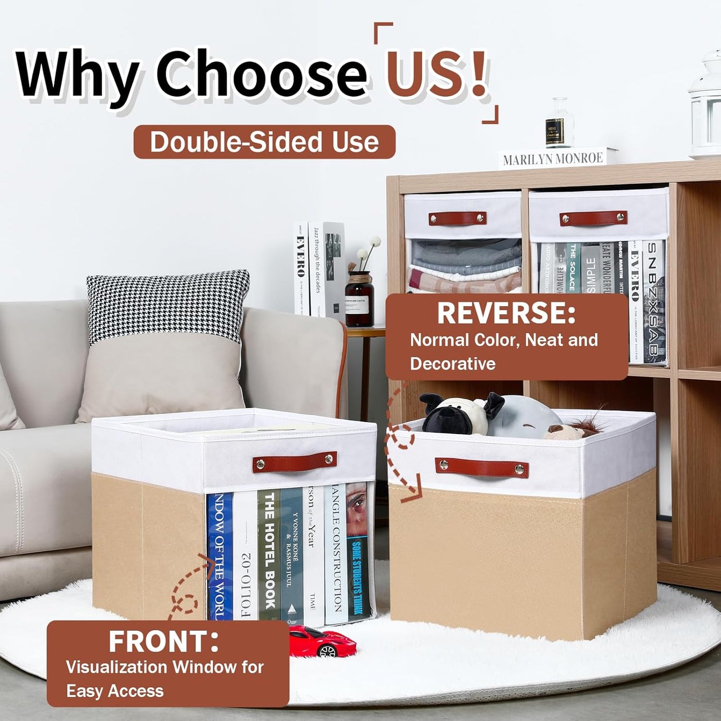 HNZIGE Fabirc Storage Cube Bins 13x13x15 Storage Cube Bins, 4 Pack Foldable Decorative Clear Cube Storage Bins for Cube Organizer Canvas Cubby Storage Organizer Bins for Shelves Pantry- White Beige