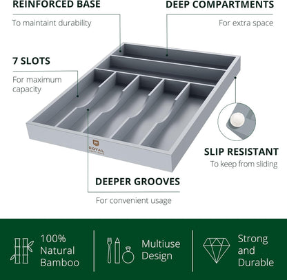ROYAL CRAFT WOOD Luxury Bamboo Kitchen Drawer Organizer - Silverware Organizer - Utensil Holder and Cutlery Tray with Grooved Drawer Dividers for Flatware and Kitchen Utensils (7 Slot, Gray)