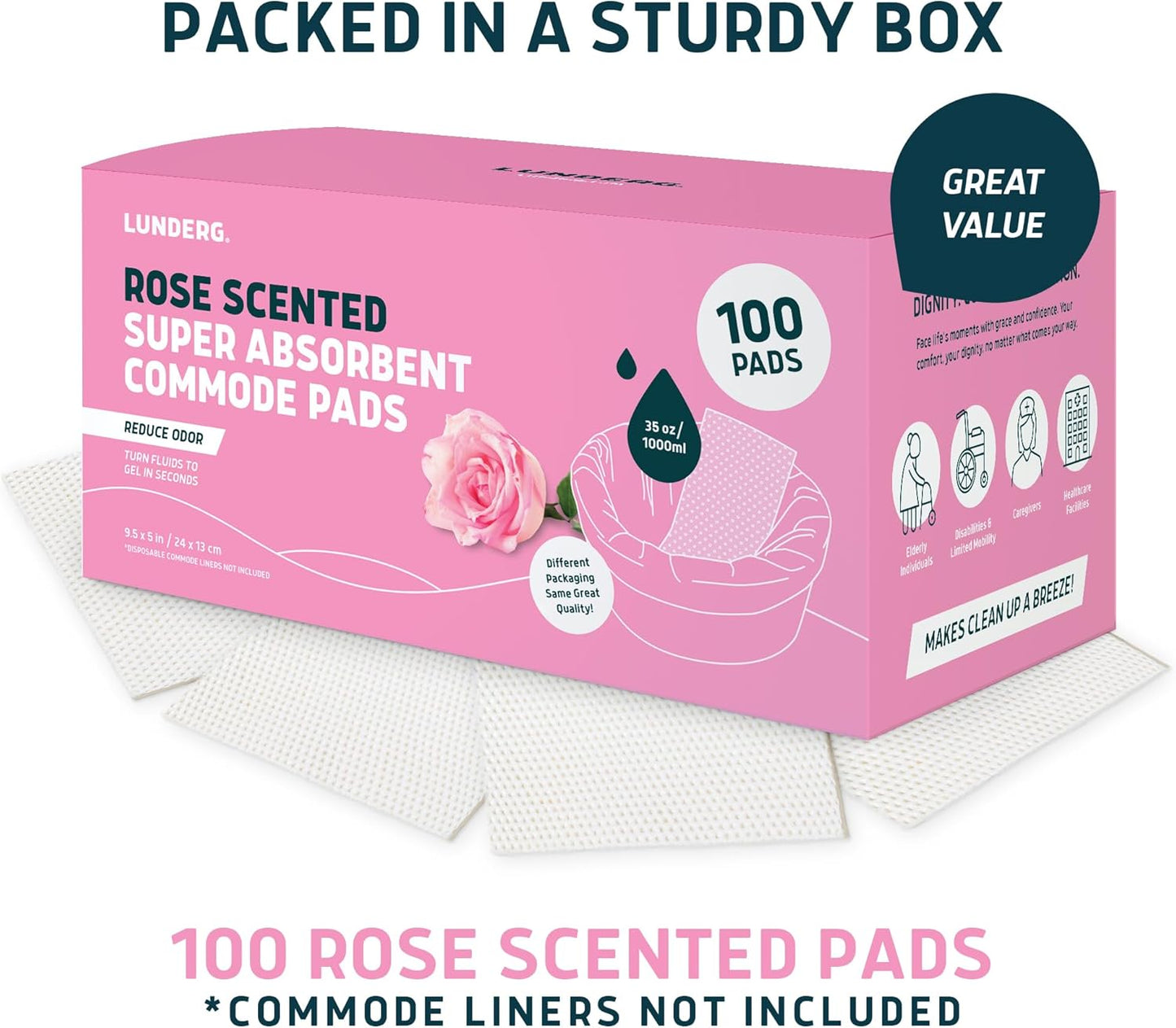Lunderg Rose Scented Super Absorbent Commode Pads - Medical Grade Value Pack 100 Count - for Disposable Bedside Commode Liners, Adult Chairs, Portable Buckets & Camping Toilet Bags - Light Scent