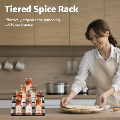 nianfeng Tiered Spice Rack, 4-Tier Spice Pantry Kitchen Cabinet Organizer, 12-Inch, Natural Wood Acrylic Stair Riser Stand, Countertop Seasoning Shelf (Black)