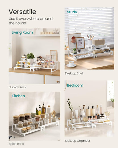 SONGMICS Display Risers, Set of 2 Engineered Wood Perfume Organizer Stand, 3-Tier Cupcake Stand Holder, Spice Rack, Shelf Risers for Figures, Dessert Shelves, Snow White and Cloud White UKCS116W01