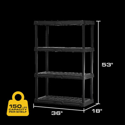 CX 4-Tier (53”H x 36”W x 18”D) Plastic Storage Shelving Unit (Black), Heavy Duty, 150lbs Per Shelf Capacity, Indoor/Outdoor Storage and Organization in Home, Garage, Office with Easy Assembly