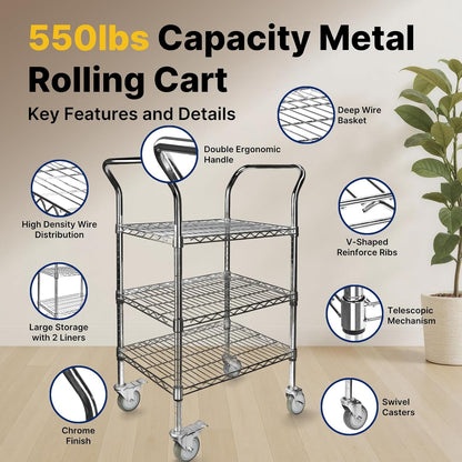 Northsky 3-Shelf Wire Utility Cart on Wheels, Chrome Finish Rolling Metal Shelving with Wheels, 550lb Capacity, 24" x 18" x 44.1", 3 Tier Rolling Cart for Kitchen Bar Storage Use