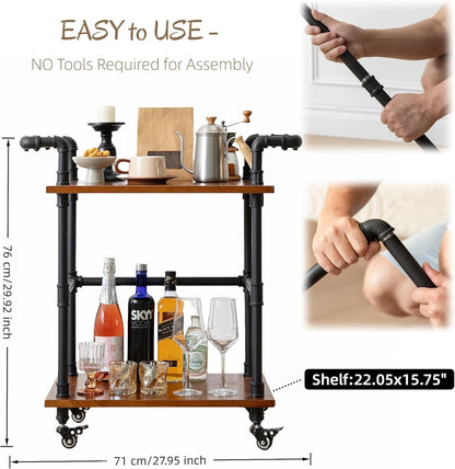 Industrial Pipe Bar Carts/Serving Carts/Kitchen Carts/Wine Rack Carts on Wheels with Shelves - Wood Rolling Carts - Wine Tea Liquor Shelves/Holder - Home Furniture (Two tiers pipe wood bar cart)