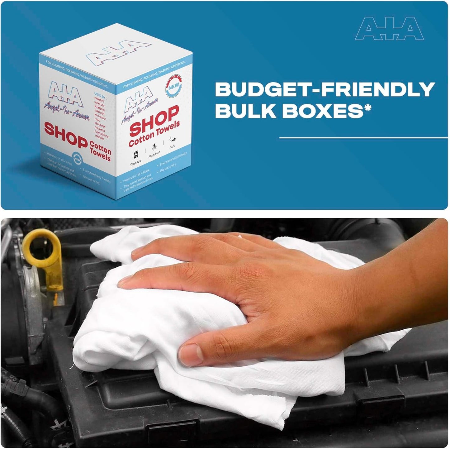 Angel-in-Armor Shop Towels (14”x14”) – 1000 Unit Box of Lint-Free Cotton Shop Towel Cleaning Rags – Durable Shop Rags for Auto, Garage, Industrial, and Commercial Use
