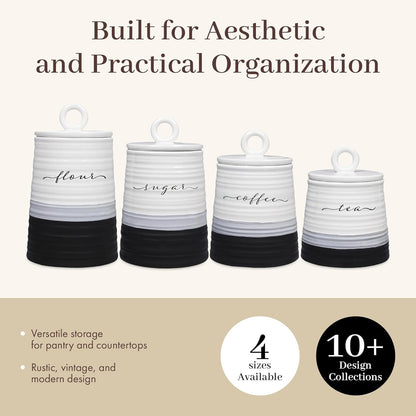 Young's Inc. 4 Pcs Set Rustic Modern Ceramic Canisters- Storage Container for Kitchen and Bathroom - Beautiful Home Decor Accent to Store Food, Coffee, Tea, and More - Black, White