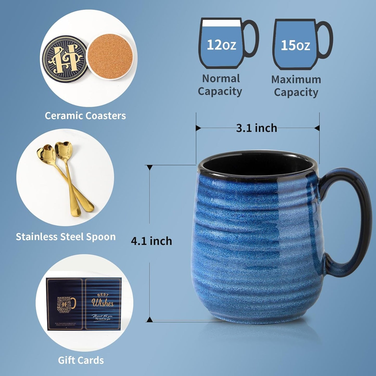 Hasense Coffee Mugs Set of 2, 12oz Ceramic Glazed Mugs with Handles, Blue Reactive Glazes Tea Cups Gift Set for Men and Women, Includes Gold Spoon & Coaster