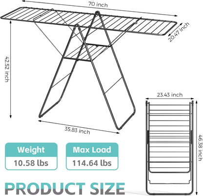 APEXCHASER Clothes Drying Rack, Oversized Drying Rack Clothing with Height-Adjustable, Foldable Gullwings Metal Laundry Rack, Indoor Outdoor Use, No Assembly, Black