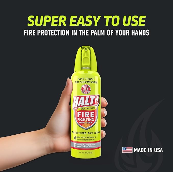 HALT! 10oz Fire Safety Spray – Non-Toxic, PFAS-Free Handheld Fire Suppressor – Easy to Use, Store & Find – Compact & Portable for Home, Kitchen, Car, BBQ, Camping & Tailgate – Made in USA (4pk)