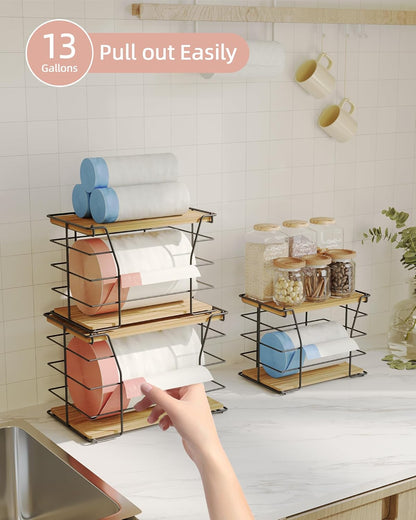 3 Pack Trash Bag Holder/Dispenser, Stackable Storage Laundry Kitchen Organizers for Countertop Organization, Wall Mount Garbage Bag Dispenser with wooden Top, No Drill