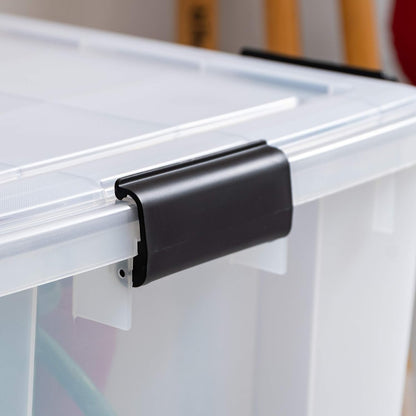 IRIS USA 4-Pack WeatherPro 74 Qt Clear Plastic Gasket Boxes with Latching Lids – Weathertight Heavy Duty Stackable Storage Containers for Clothes, Food, Tools or Camping Gear