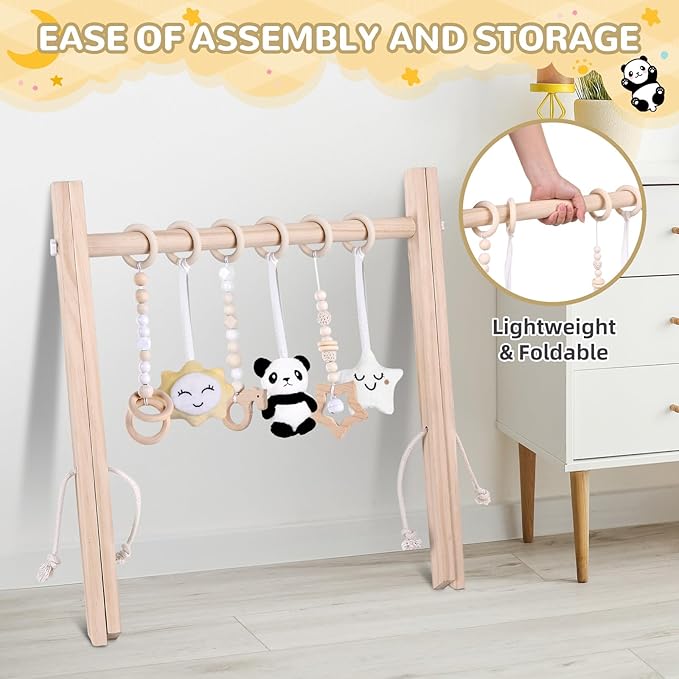 Wooden Play Gym with Mat, Foldable Baby Activity Gyms for Infants Newborn Baby Girl and Boy, Tummy Time Baby Infant Toys 0-6 6-12 Months (Rabbit)