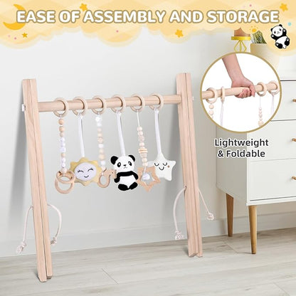 Wooden Play Gym with Mat, Foldable Baby Activity Gyms for Infants Newborn Baby Girl and Boy, Tummy Time Baby Infant Toys 0-6 6-12 Months (Rabbit)