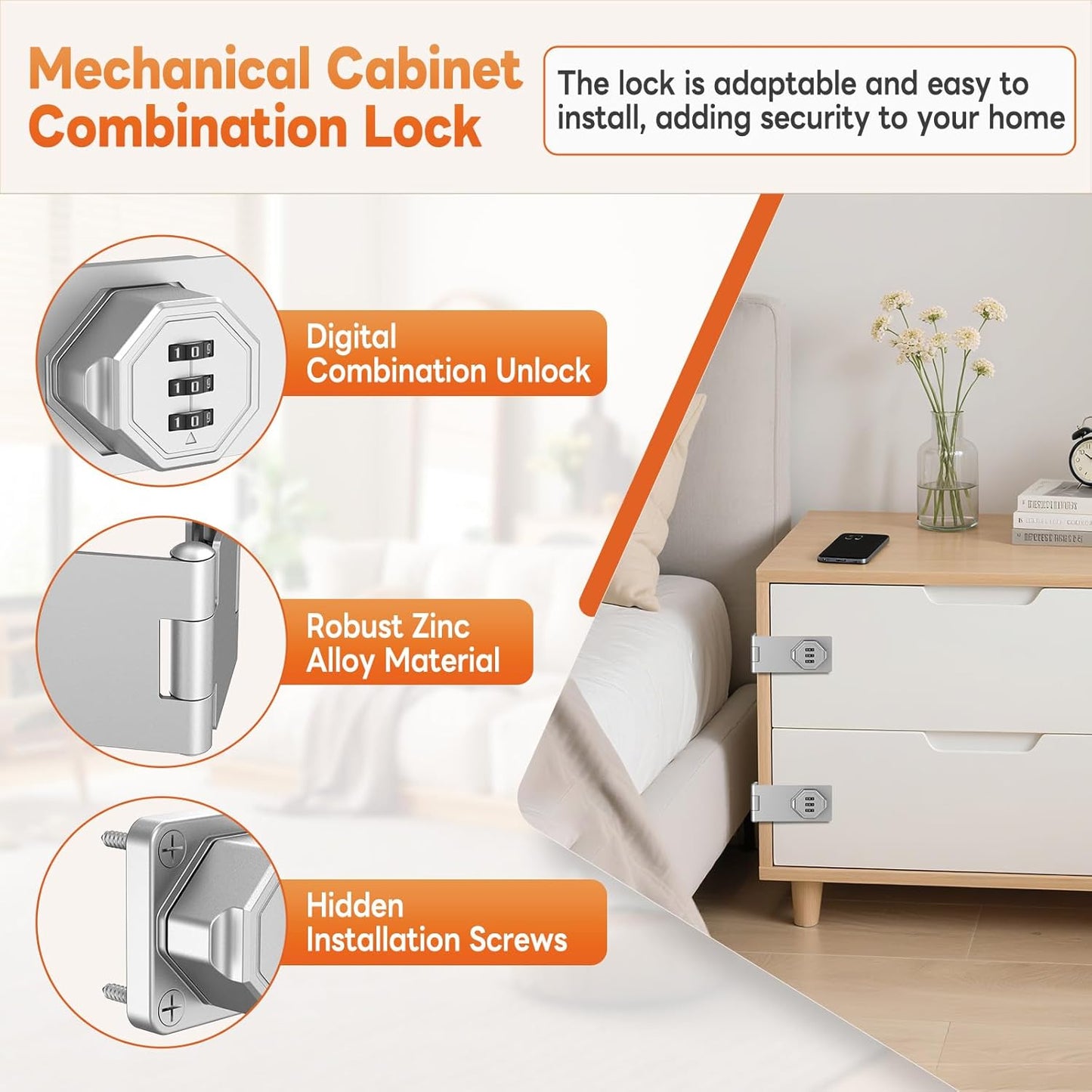 90 Degree 3-Digit Combination Cabinet Lock, Zinc Alloy Keyless Folding Hasp Lock Latch, Password Security Rotary Door Latch for Office File Cabinet, Drawer, Locker, Cupboard (1, Silver)