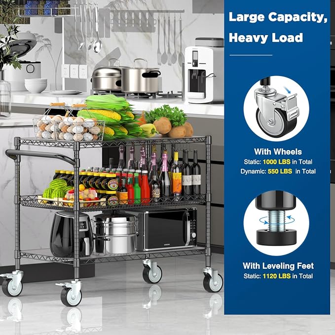 Leteuke 1120LBS Heavy Duty Rolling Utility Cart,3 Tier Rolling Carts with Wheels,NSF Commercial Grade with Handle Bar & Shelf Liners,45"x25"x39" Storage Cart for Kitchen,Restaurant,Plant Display,Black