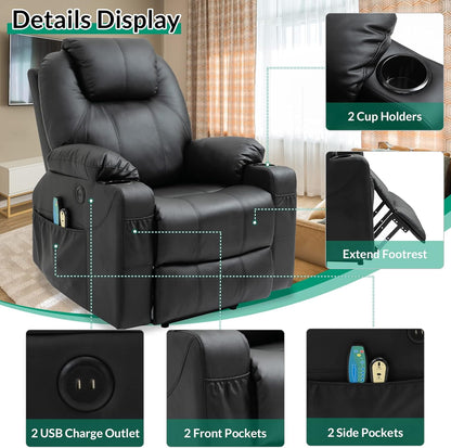 VIVIJASON Power Lift Chair Electric Recliner for Elderly Heated Vibration Massage Faux Leather Recliner Chair with 2 Remote Controls, Cup Holders, Side Pockets & USB Ports for Living Room (Black)