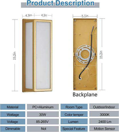 Motion Sensor Outdoor Wall Sconce LED 30W Aluminum - Gold Modern Exterior Light Fixture, 3000K Warm,IP65 Waterproof Rectangular Porch Lighting,for Patio,Garage,Front Door