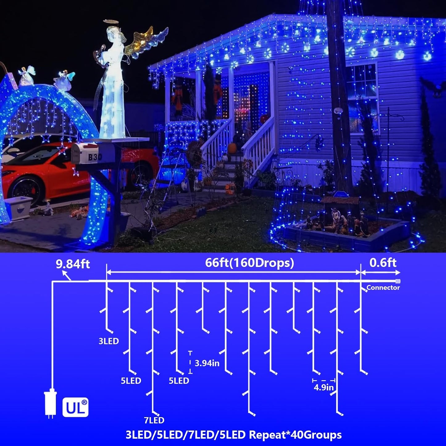 YEGUO 66ft 800 LED Blue Icicle Lights Outdoor Waterproof, 160 Drops Icicle String Light Connectable, 8 Modes Icicle Christmas Lights with Memory Timer
