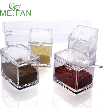 ME.FAN Clear Seasoning Rack Spice Pots - 4 Piece Acrylic Seasoning Box - Storage Container Condiment Jars - Cruet with Cover and Spoon