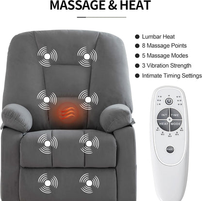 Power Swivel Rocker Recliner Chair for Adults,Rocking Recliners Chairs with Massage and Heat for Living Room, Electric Fabric Reclining Sofa Chair with USB and Type-C Port (Gray)