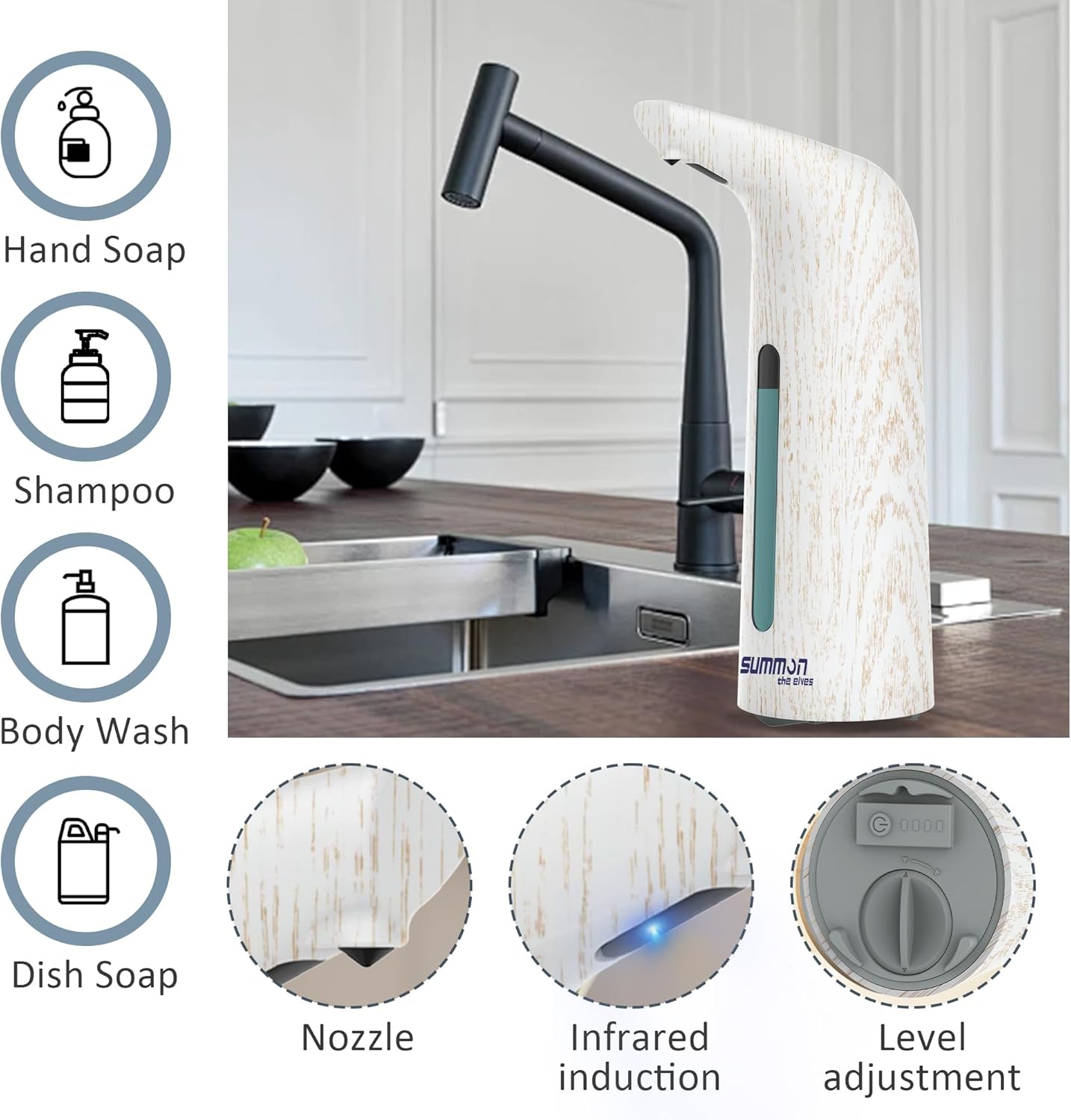 Automatic Soap Dispenser Touchless,400ML Hand & Dish Countertop Electric Liquid Dispenser with Sensor,4 Gear Adjustable Waterproof Battery Operated Kitchen Auto Soap Pump