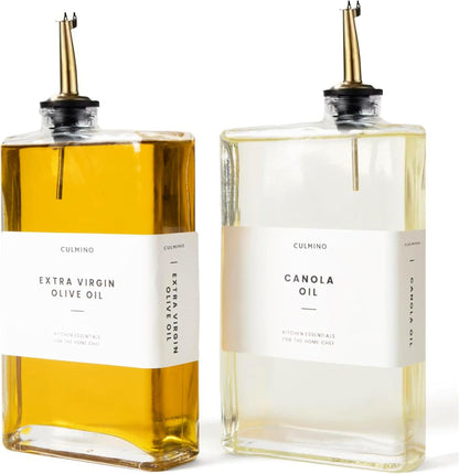 Premium Glass Olive Oil Dispenser Bottle 350ml | Cooking Oil and Vinegar Dispenser Set of 2 | Oil Dispenser for Kitchen with 2 Gold Pourers, Funnel, Brush & 36 Labels