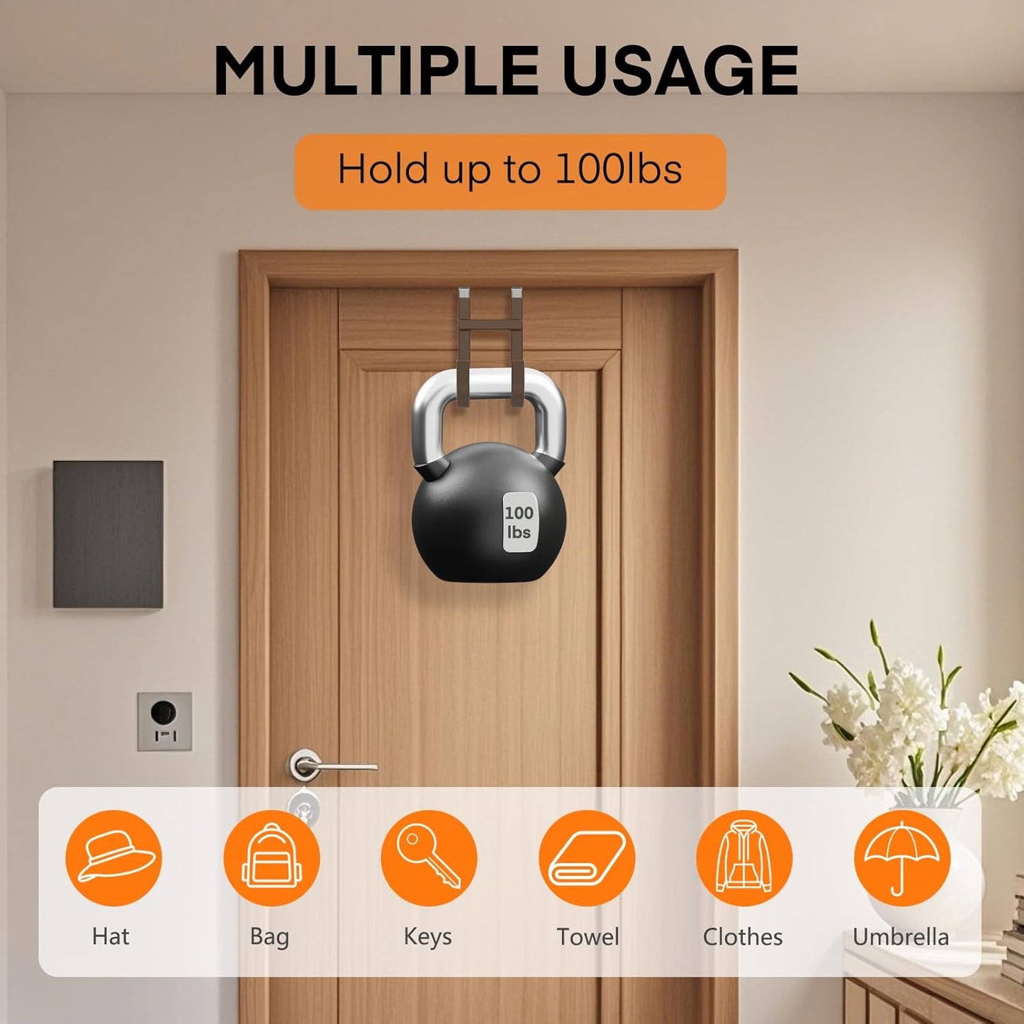 FYY Over The Door Hooks - 4 Pack Heavy Duty Dual-Hook Organizer Hanger with Non-Slip Rubber for Towels, Clothes, Hats & Bags Use in Bathroom, Bedroom, Kitchen - Fits Interior Doors Up to 1 3/8" Brown