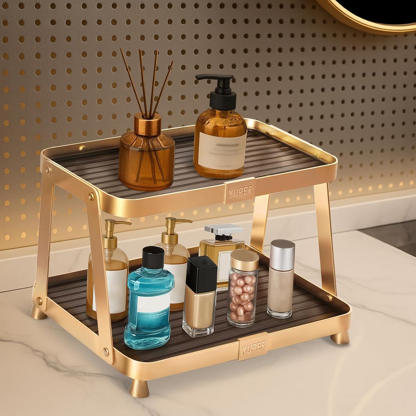 YUPER Bathroom Counter Organizer, 2-Tier Bathroom Organizers and Storage, Large Makeup Storage Shelf Vanity Tray Perfume Organizer, Bedroom Kitchen Corner Counter Storage Sink Shelf Gold