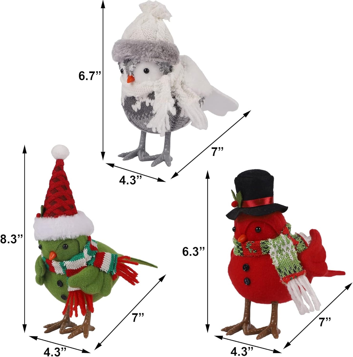 Prsildan Christmas Table Decorations Birds, Set of 3 Christmas Bird Figurine Table Top Decor, Green Red Gray Xmas Birds Ornaments for Winter Home Kitchen Fireplace Mantel Holiday Party