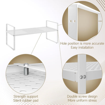 Hole Pattern Expandable Shelf Organizer,1Pack 8.1" Wide Easy to Assemble Cabinet Organizer Shelf, 16.5~27.1" Adjustable Height&Stackable Spice Organization for Cupboard, White