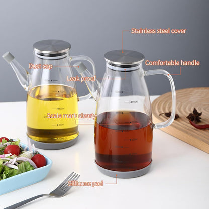 Large Glass Oil Dispenser Bottle for Kitchen Cooking Recipiente Para Aceite De Cocina Olive Oil Vinegar Dispenser Cruet Stainless Steel Lid No Drip Liquid Container (Clear, 27oz / 800ml)