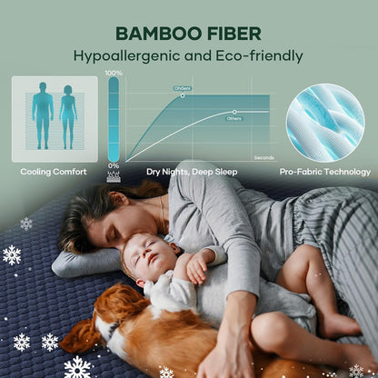 OhGeni 100% Waterproof Mattress Protector, Queen Size Mattress Pad, Fits 6"-20" Mattresses with Deep Pocket, Cooling, Breathable Fitted Sheets, Soft Bed Cover, Noiseless, Machine Washable(Navy Blue)