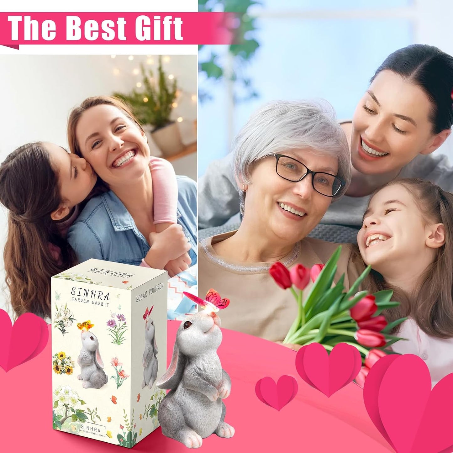 Garden Statue Outdoor Decor-Rabbit with Solar Butterfly Changing Lights Garden Statues,Bunny Statue for Patio,Balcony,Yard,Lawn Ornament,Gardening Gifts for Mom Grandma