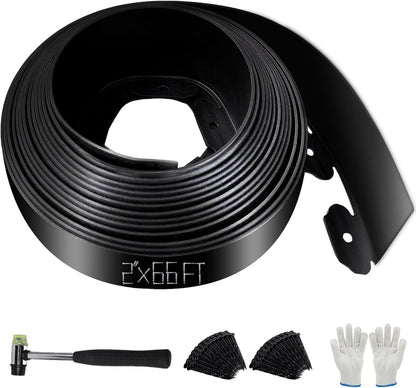 No Dig Landscape Edging 2" x 66FT Kit, Plastic Edging for Landscaping with 200 Spikes, for Garden, Lawn, Flower Beds and Yard, Black