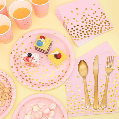 Tiblue Pink & Gold Party Supplies 350 PCS Disposable Dinnerware Set, Pink Paper Plates Napkins Cups, Gold Plastic Forks Knives Spoon for Graduation Birthday Baby Shower Wedding Bachelorette Engagement