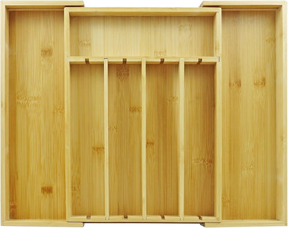 Kitchen Bamboo Silverware Drawer Organizer - Expandable Utensil Organizer for Flatware, Adjustable Cutlery & Knives. Ideal Utensil 7 Slots Total Drawer Organizer for Kitchen, Natural