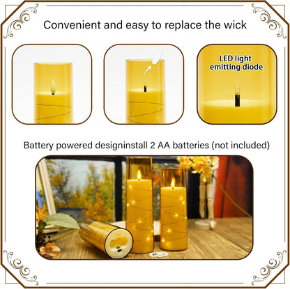 Flickering Flameless LED Candles,Battery Operated Candles 9 Pcs with Embedded Star String,Acrylic LED Pillar Candles with Remote,Suitable for Home Decoration to Create an Atmosphere（Gold）