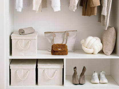 StorageWorks Storage Bins with Lids, Decorative Storage Boxes with Lid and Soft Rope Handles, Foldable Storage Baskets for Closet, Shelves, Stackable, Ivory and White, Jumbo, 3-Pack