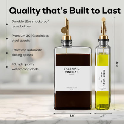 Glass Olive Oil Dispenser Bottle for Kitchen by Brighter Barns - Coffee Syrup Dispenser, Oil and Vinegar Bottle - Modern Kitchen Essentials for Home, Restaurant, Coffee Bar, Airbnb (Clear, Set of 2)